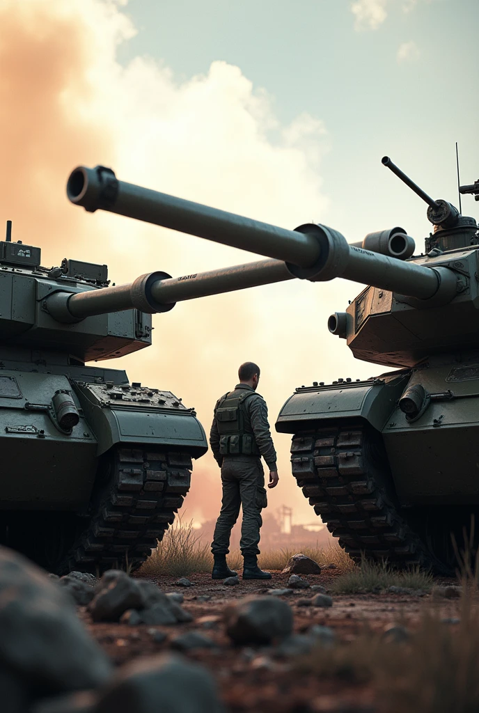 Create an image where two tanks appear, one on the left which is a T90M and in the middle a crew member and on the right an ABRAMNS SEPV2 with a battle background