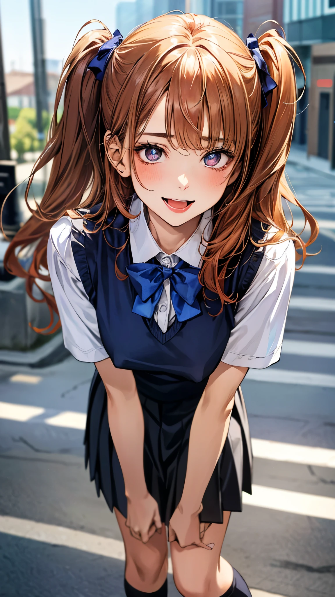 (masterpiece:1.3, top-quality, ultra high res, ultra detailed), (realistic, photorealistic:1.4), beautiful illustration, perfect lighting, natural lighting, colorful, depth of fields, surrealism,
beautiful detailed hair, beautiful detailed face, beautiful detailed eyes, beautiful clavicle, beautiful body, beautiful chest, beautiful thigh, beautiful legs, beautiful fingers, shiny skin, babyface,
looking at viewer, selfie, 1 girl, high school girl, (perfect anatomy, anatomically correct, super detailed skin), cute and symmetrical face, perfect face, perfect eyes,
(long hair, (two side up), straight hair, orange hair), asymmetrical bangs, blue eyes, slant eyes, big eyes, long eyelashes, (large breasts:1.2, seductive thighs), slender, outstanding style,
((detailed cloth texture, short sleeve white collared shirt, break navy blue suit vest, break grey pleated skirt, break purple blue bow tie), socks, black loafer),
(beautiful scenery), evening, (downtown), (standing, leaning forward,), (heart shaped pupils, :3, aroused, ahegao, orgasm, in heat, naughty face, seductive smile, open mouth small),