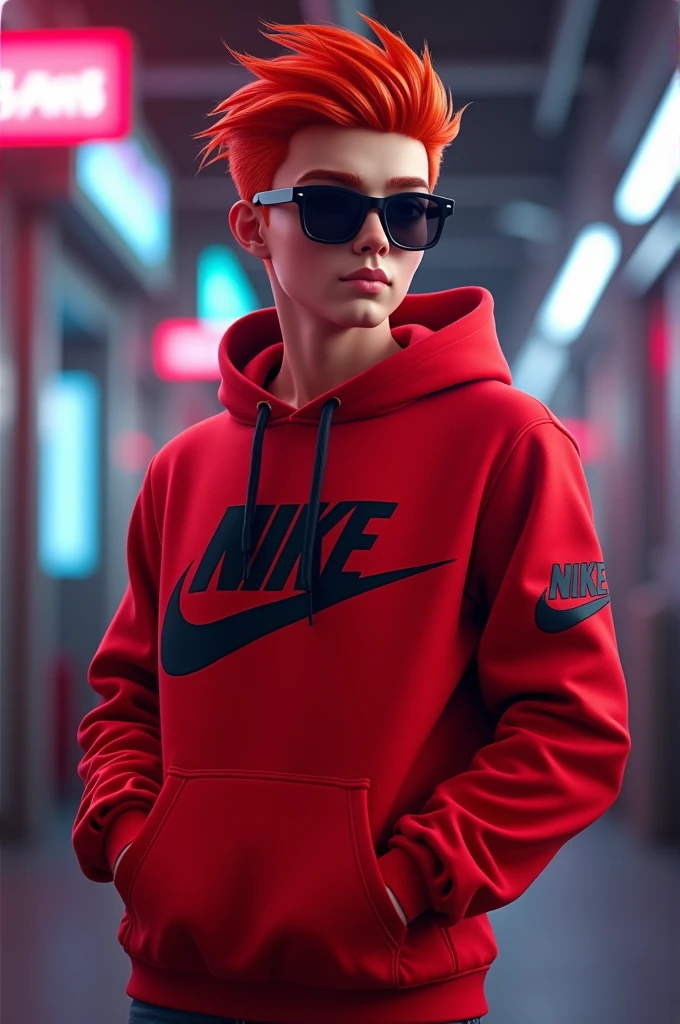 Create the character Jimmy Neutron with a red Nike hooded sweatshirt and black sunglasses and a sexy look 