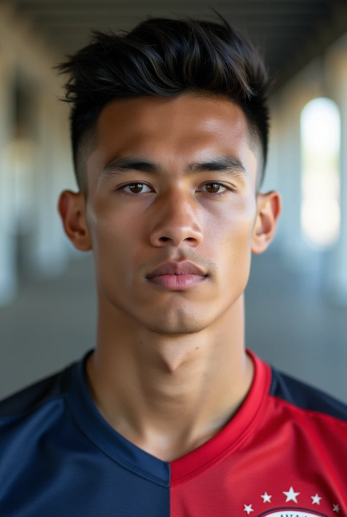 male, 20 years old, undercut hair, black hair, American half Indonesian face, facing forward, half body photo, white skin, brown eyes, handsome, thick eyebrows, wearing a american soccer national team jersey