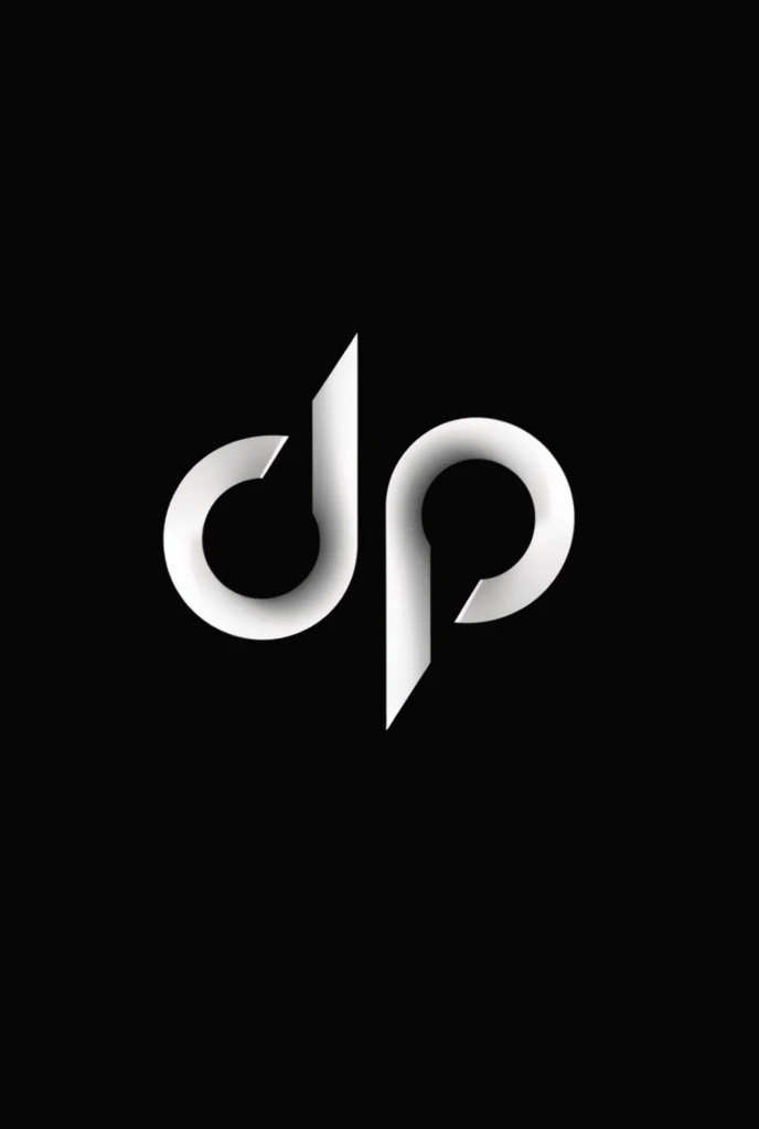 Design a modern and creative logo with the letters 'DP' in a sharp, angular style. The letters should be intertwined or connected seamlessly, using a pure white color. The background should be solid black, ensuring the white logo stands out prominently. The overall design should be professional, sleek, and suitable for a premium brand.