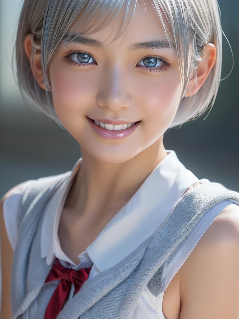 NSFW,(a ultra cute beautiful girl wearing highschool uniform:1.5),(charming smile:1.25),mixed race of Japanese and Chinese,large clear light blue eyes,droppy eyes,balanced eyes,transparent white skin,(silver short hair:1.5),photorealistic, 8k, ultra-detailed, masterpiece, realistic, vivid colors, beautiful detailed eyes, beautiful detailed lips, extremely detailed face, intricate details, hyper realistic, cinematic lighting, dramatic shadows, stunning composition, intense atmosphere, highly detailed skin, exquisite facial features, volumetric lighting, raytraced global illumination, physically-based rendering, professional digital art,high resolution fix