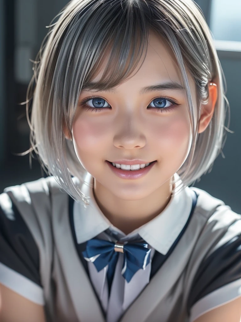 NSFW,(a ultra cute beautiful girl wearing highschool uniform:1.5),(charming smile:1.25),mixed race of Japanese and Chinese,large clear light blue eyes,droppy eyes,balanced eyes,transparent white skin,(silver short hair:1.5),photorealistic, 8k, ultra-detailed, masterpiece, realistic, vivid colors, beautiful detailed eyes, beautiful detailed lips, extremely detailed face, intricate details, hyper realistic, cinematic lighting, dramatic shadows, stunning composition, intense atmosphere, highly detailed skin, exquisite facial features, volumetric lighting, raytraced global illumination, physically-based rendering, professional digital art,high resolution fix