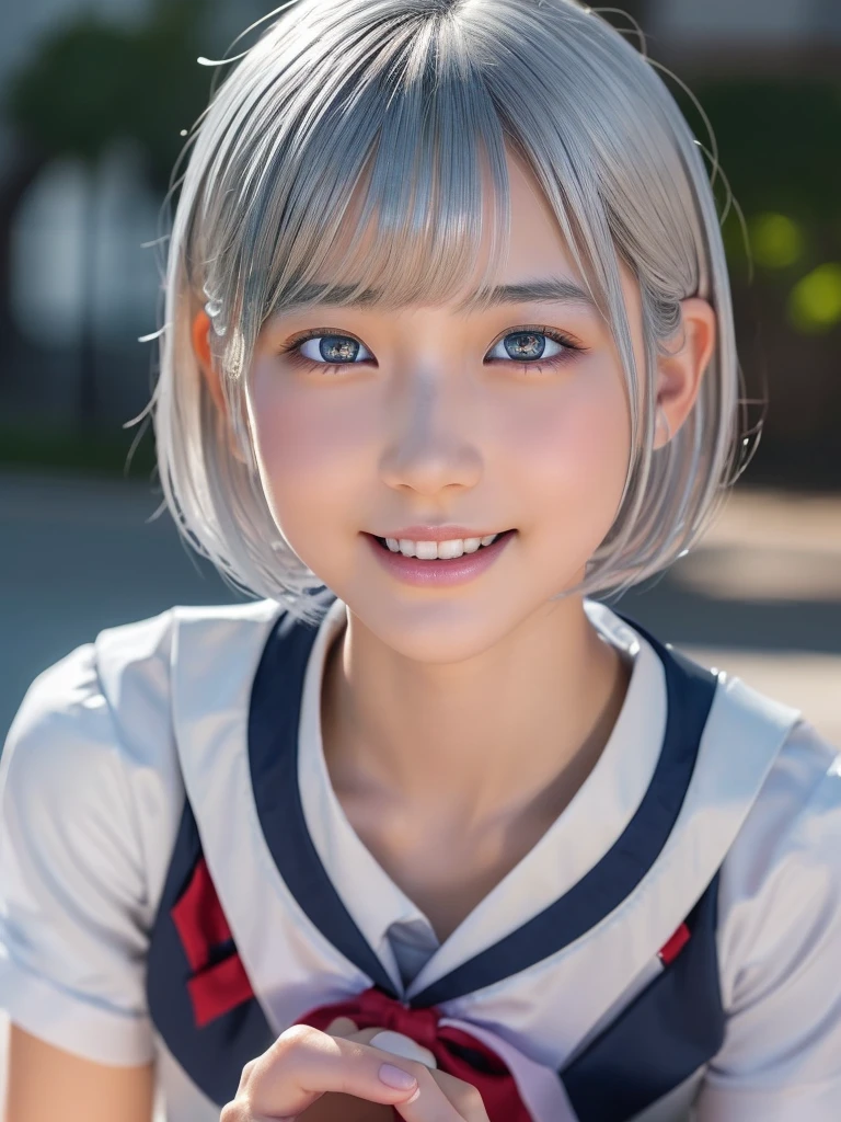NSFW,(a ultra cute beautiful girl wearing highschool uniform:1.5),(charming smile:1.25),mixed race of Japanese and Chinese,large clear light blue eyes,droppy eyes,balanced eyes,transparent white skin,(silver short hair:1.5),photorealistic, 8k, ultra-detailed, masterpiece, realistic, vivid colors, beautiful detailed eyes, beautiful detailed lips, extremely detailed face, intricate details, hyper realistic, cinematic lighting, dramatic shadows, stunning composition, intense atmosphere, highly detailed skin, exquisite facial features, volumetric lighting, raytraced global illumination, physically-based rendering, professional digital art,high resolution fix