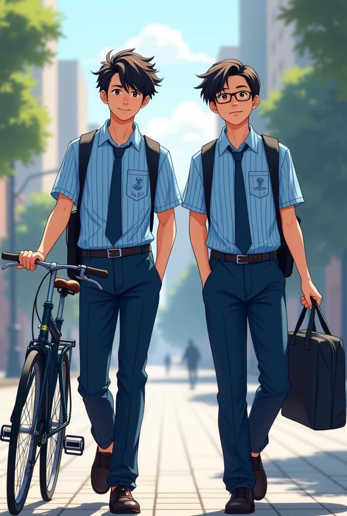 Two same age teen guys coming from school wearing blue striped shirt with tie and dark blue pant one is short  holding a cycle 
Both are holding bags 
