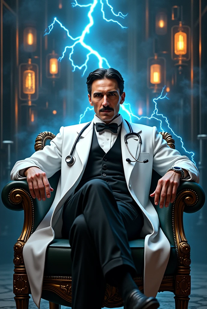  The scientist Tesla sits on a luxurious chair, wearing a white coat and a stethoscope. The doctor revealed physics in his hands, electricity, and behind him electrical transformers and physical inventions for the year Tesla. Many are suitable for the cover of a book or magazine, in addition to the electricity effect next to him. The most luxurious new electricity, the most luxurious 