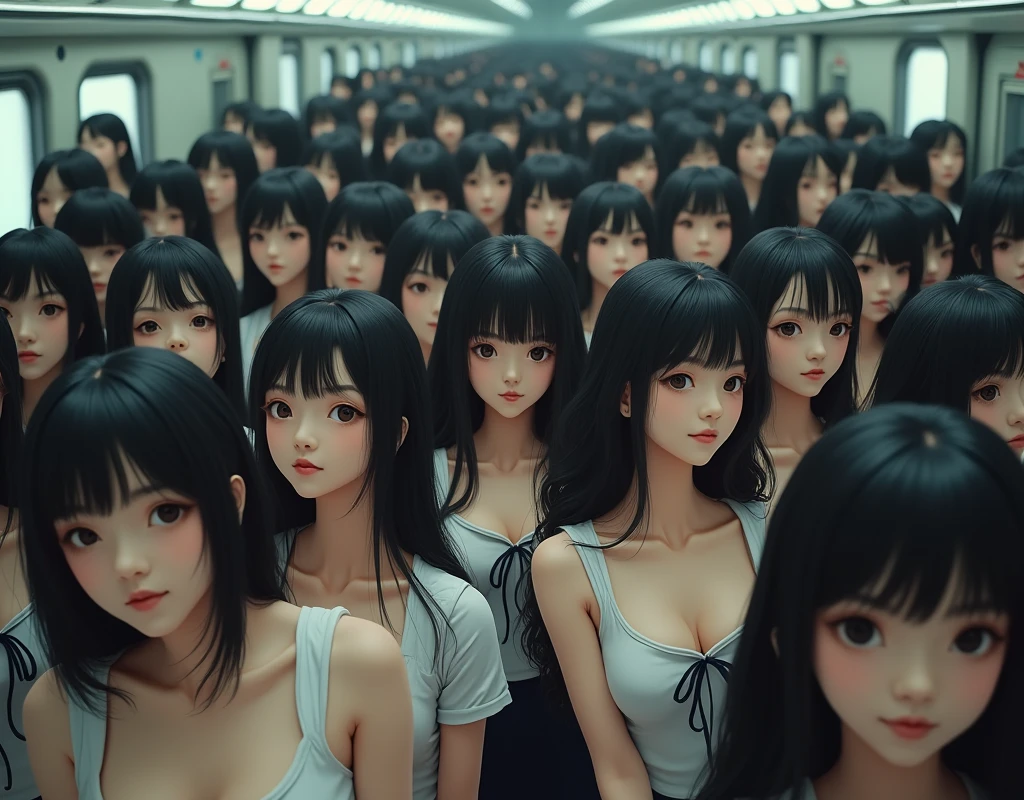 (Japanese Clone-girls=Myself), (Super Best masterpiece Clone-girls Raw Photography Art), (16K, Highest quality, Ultra-high resolution, RAW Photos), (It's so unrealistic., With unparalleled depiction, With an unfathomable sight, An unprecedented and shocking worldview, Clone-girls: In a world of mass reproduction, Ultra-realistic depiction), (Japanese Girls, Hamabe-Minami, 18yo), (Small face, Thick black hair, long hair, Dark Eyes, Mature face, Cute Smile, Smiling face, A gentle gaze), (Very pleasant look), (Very beautiful and detailed girl, Accurate body structure, Accurate body movements, Very detailed body), (Super big breasts, Large bulge of ample breasts), (high school girl, White shirt, Short skirt, hour々I can see your pants, Cleavage Emphasis, Emphasise the fullness of your breasts), (Very detailed, Myself cloning, Depiction of splitting oneself, 1Myself girl→1,000,000,000,000,000,000,000,000,000,000Myself cloning girls), (Myself clone girlsは, With the same perfect appearance, to multiply in large numbers), (Very detailed depiction, Myself's multiplying female body, In the same female body,With the same face, With the same hairstyle, In the same clothes, At the same height, 同じSuper big breastsで, A completely indistinguishable female body, 1,000,000,000,000,000,000,000,000,000,000 people), (Myself girls only), (1,000,000,000,000,000,000,000,000,000,000Myself girls))))), In a crowded train, In the Mysefu crowd, Physical contact, Happy smile