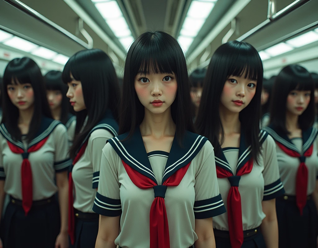 (Japanese Clone-girls=Myself), (Super Best masterpiece Clone-girls Raw Photography Art), (16K, Highest quality, Ultra-high resolution, RAW Photos), (It's so unrealistic., With unparalleled depiction, With an unfathomable sight, An unprecedented and shocking worldview, Clone-girls: In a world of mass reproduction, Ultra-realistic depiction), (Japanese Girls, Hamabe-Minami, 18yo), (Small face, Thick black hair, long hair, Dark Eyes, Mature face, Cute Smile, Smiling face, A gentle gaze), (Very pleasant look), (Very beautiful and detailed girl, Accurate body structure, Accurate body movements, Very detailed body), (Super big breasts, Large bulge of ample breasts), (high school girl, White shirt, Short skirt, hour々I can see your pants, Cleavage Emphasis, Emphasise the fullness of your breasts), (Very detailed, Myself cloning, Depiction of splitting oneself, 1Myself girl→1,000,000,000,000,000,000,000,000,000,000Myself cloning girls), (Myself clone girlsは, With the same perfect appearance, to multiply in large numbers), (Very detailed depiction, Myself's multiplying female body, In the same female body,With the same face, With the same hairstyle, In the same clothes, At the same height, 同じSuper big breastsで, A completely indistinguishable female body, 1,000,000,000,000,000,000,000,000,000,000 people), (Myself girls only), (1,000,000,000,000,000,000,000,000,000,000Myself girls))))), In a crowded train, In the Mysefu crowd, Physical contact, Happy smile