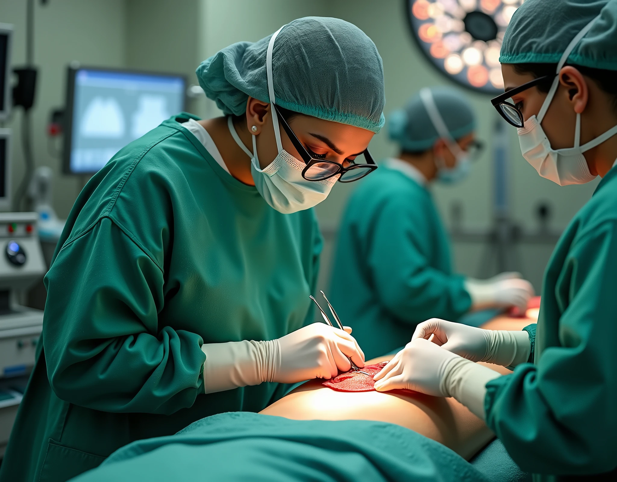 Aishwarya Rai as surgeon, wearing green scrubs, wearing surgical mask and skull cap, wearing surgical glasses, performing heart surgery on male patient, in operation theatre, fullbody view, cutting the chest with scalpel,
