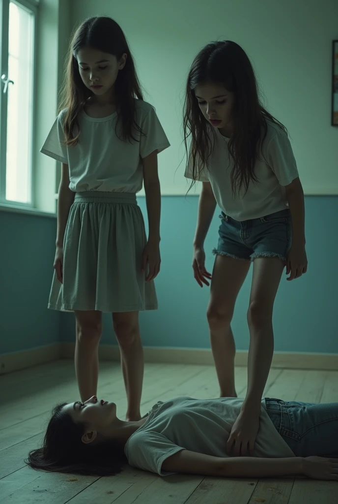 ((best quality)), ((masterpiece)), (detailed), The girls stand directly on the girl lying on the floor, real picture, doll,  8K, Being stepped on by two girls,  Crushed underfoot,  young,,A girl standing on her belly，Another girl standing on her chest,  (Wide-angle view,)  ((Photo from 10)), 