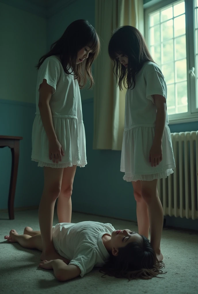 ((best quality)), ((masterpiece)), (detailed), The girls stand directly on the girl lying on the floor, real picture, doll, 8K, Being stepped on by two girls, Crushed underfoot, young,,A girl standing on her belly,Another girl standing on her chest, (Wide-angle view,) ((Photo from 10)),