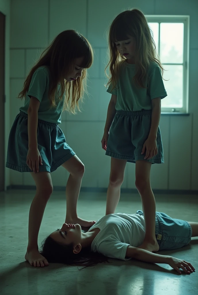 ((best quality)), ((masterpiece)), (detailed), The girls stand directly on the girl lying on the floor, real picture, doll, 8K, Being stepped on by two girls, Crushed underfoot, young,,A girl standing on her belly,Another girl standing on her chest, (Wide-angle view,) ((Photo from 10)),