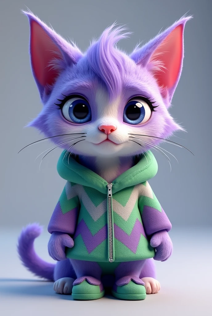 A 3d model,From various perspectives, a chibi-style cat with a blend of lavender and green fur, inspired by both Fear and Disgust from Inside Out. The cat is dressed in a purple and green outfit with mixed zigzag and leaf patterns. It has wide, anxious eyes with a hint of disgust and wears matching shoes with combined patterns, capturing the essence of both characters.