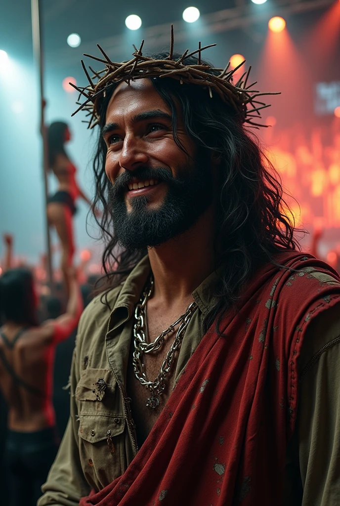 Jesus the Metalist in tattered clothes, mysterious smile, A crown of thorns on the head, realistic view, HdR, At a metal concert, In the background, a pole dancer on stage 