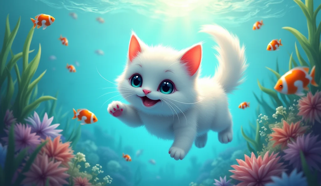 A cute white cat is studying underwater