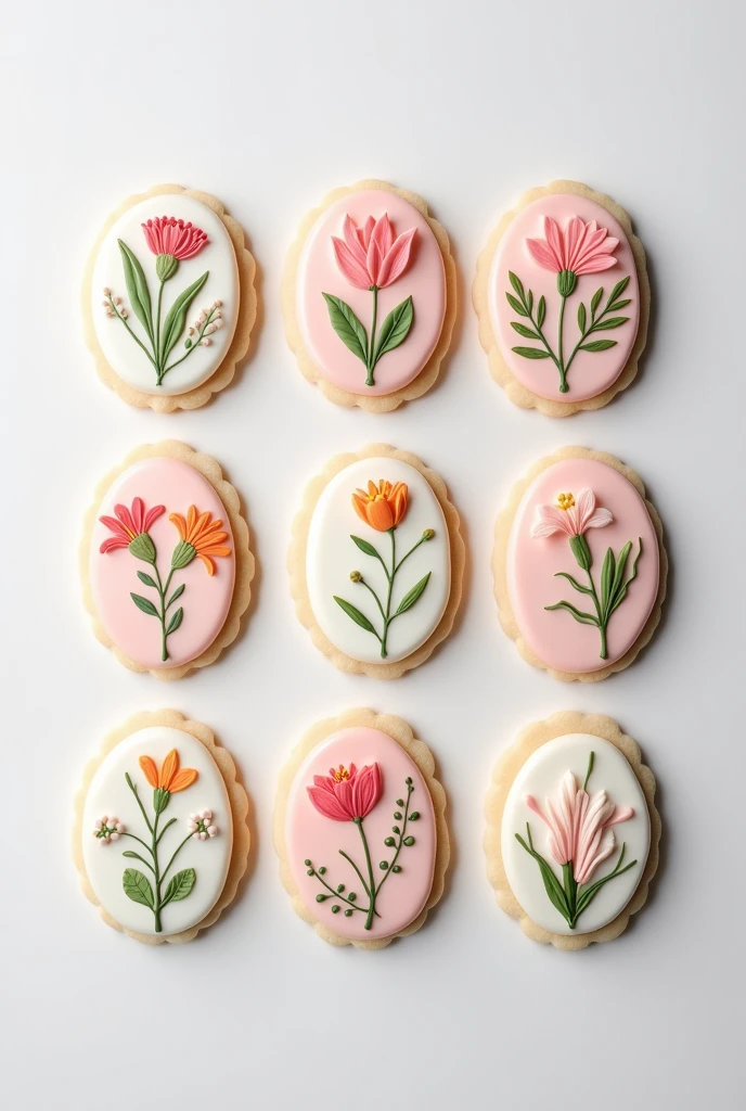 Icing Cookies、Simple Background，、cute、pastel、Written by hand、Flower、Contour、White Background、detailed、design、Botanical、Artistic, 非常にdetailed, 8 pieces、From above