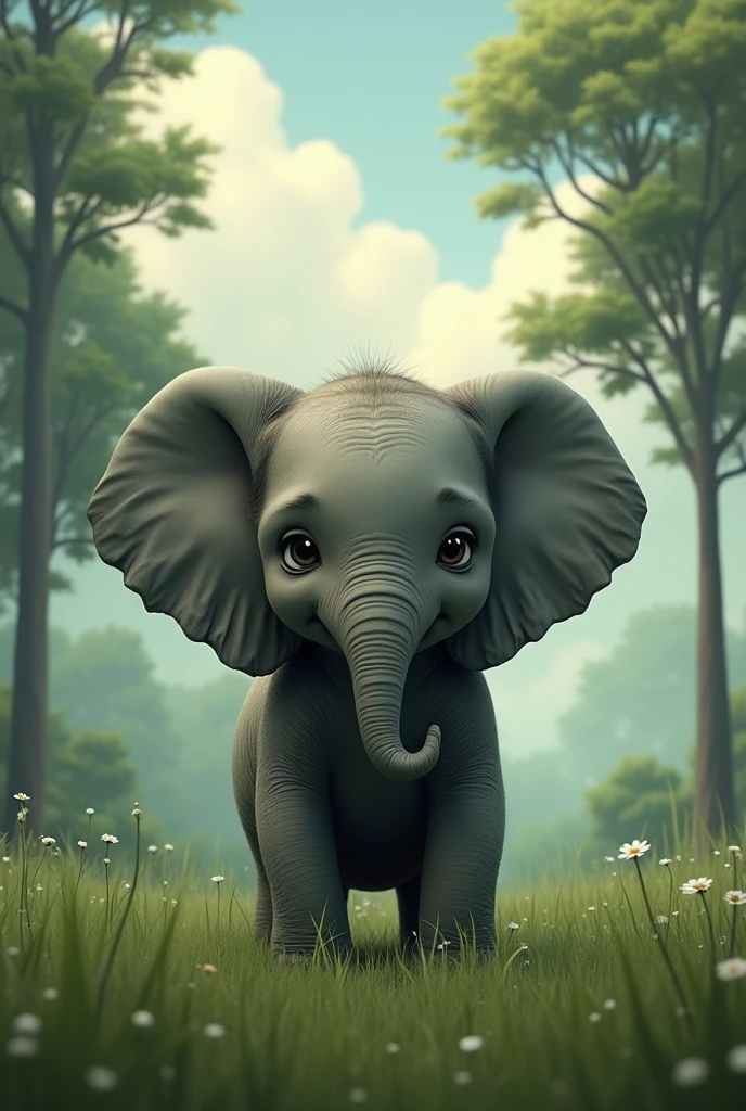 sad baby elephant in a field with trees and sky in the background