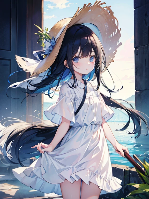 Five-year-old girl Black Hair Blue Eyes Straw hat White clothes