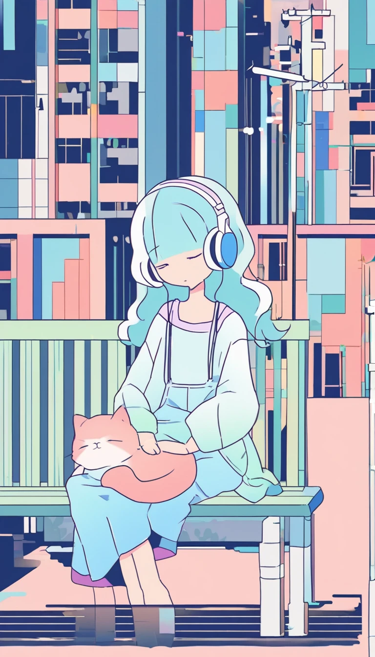 Anime-style illustration of a girl sitting on a city bench,
she、With long wavy light hair,
Wearing headphones,
she、Dressed casually in a loose coat over a dark shirt or dress,
A cute kitten is sleeping on her lap,
The background shows a street with tall buildings and utility poles.,
Beautifully drawn,
Minimalist lines and pastel colors,
The overall color scheme is soft and bright.,
Gives the image a calm and relaxing feel,
Chil and lo-fi world,