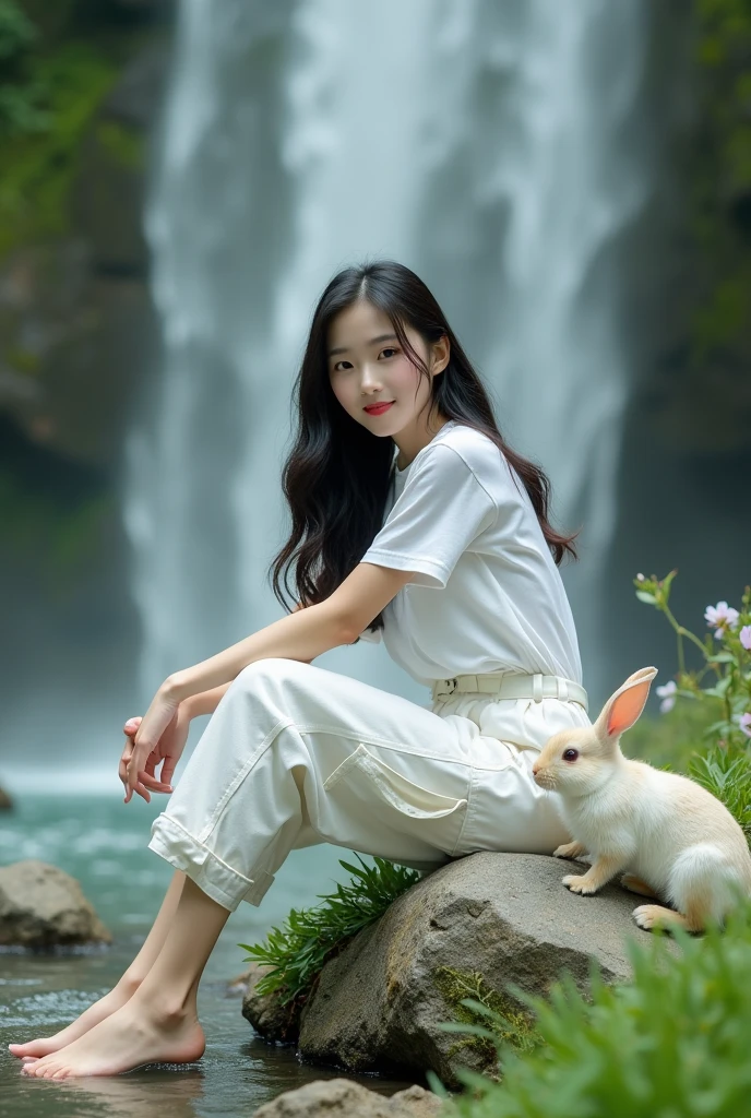 Beautiful Korean girl with white skin. well-groomed face, sitting pose on a rock next to a very large waterfall, dikelilingi bunga kecil berwarna hijau, and big rabbits roam around the flowers, smiled faintly, rambut hitam diikat, hudle rajutan hijau zaitun, decorated with rabbit motif , White Cropped Pants with Lots of Pockets, feet dangling into the rushing water , cool watch, the background of the waterfall surrounded by cliffs overgrown with green moss,beautiful flowers and vast mountains. original and realistic photos