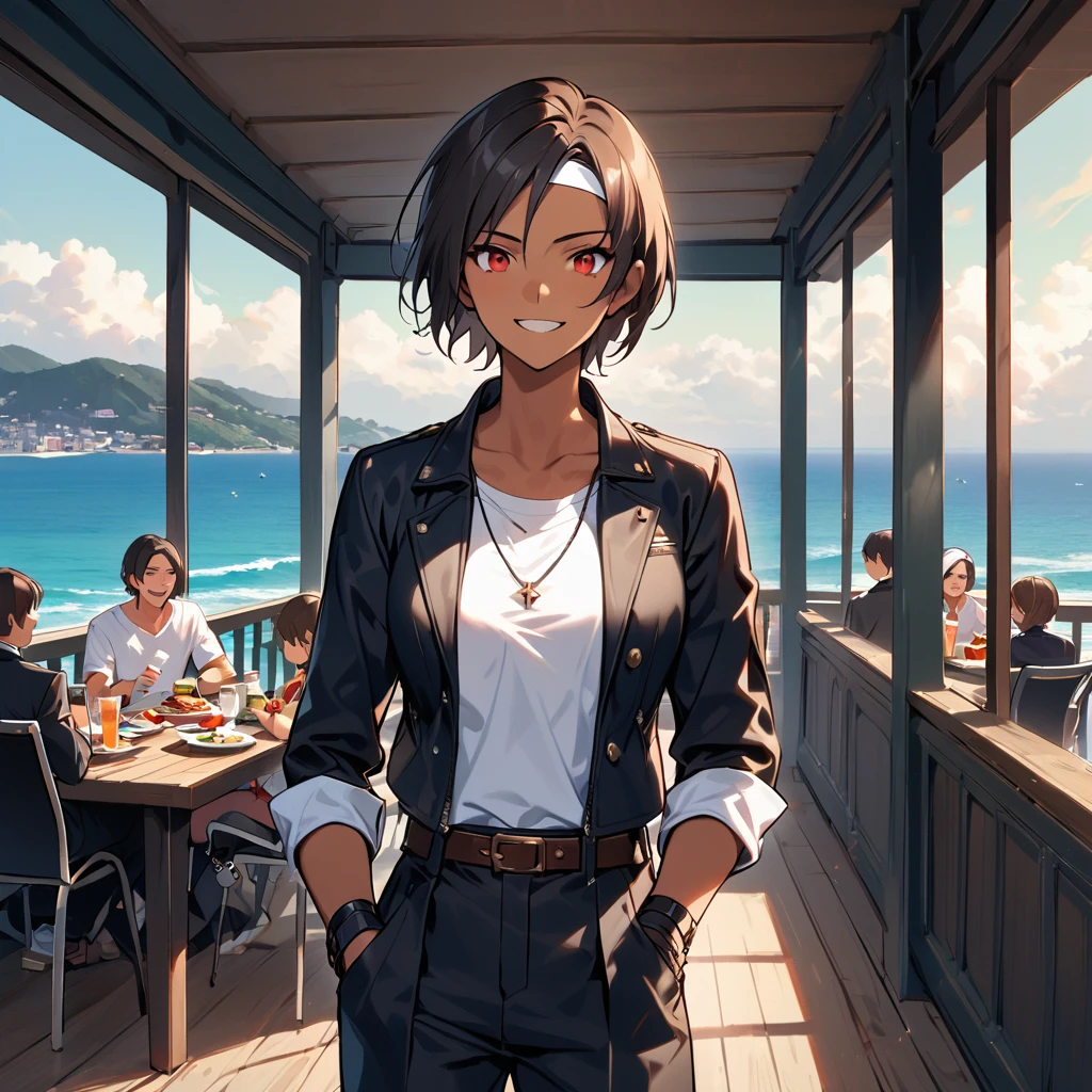 1 person,woman,short hair,Dark Skin,Red eyes,（Black jacket with rolled up sleeves）,Fingerless gloves,White T-shirt, （White headband on forehead）,Black pants,White shoes,Brown belt,cute,Indoor person,Charm Points,Ocean View,Slightly large breasts,Outdoor,High quality,Handsome,A confident grin,Dining with friends on the terrace,Talking happily,Eating bread