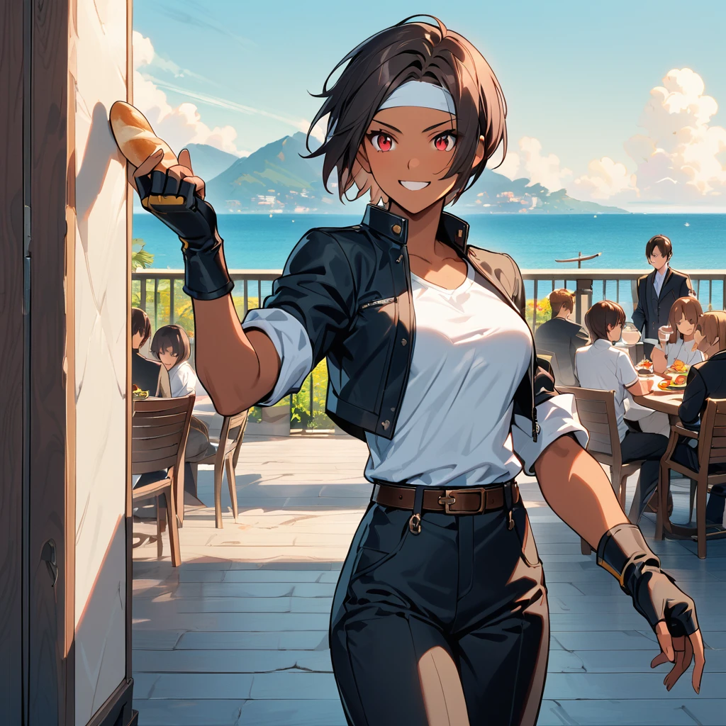 1 person,woman,short hair,Dark Skin,Red eyes,（Black jacket with rolled up sleeves）,Fingerless gloves,White T-shirt, （White headband on forehead）,Black pants,White shoes,Brown belt,cute,Indoor person,Charm Points,Ocean View,Slightly large breasts,Outdoor,High quality,Handsome,A confident grin,Dining with friends on the terrace,Talking happily,Eating bread