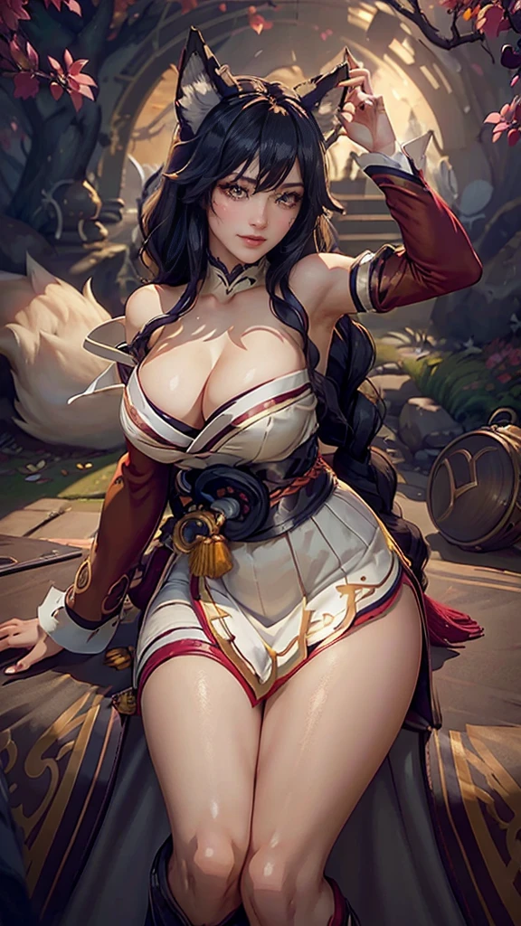 Ahri da league of legends,(best qualityer,4K,8k,high resolution, work of art:1.2)(weather: windy), 1girl, Japanese female, spirit forest background, red and white long sleeve korean kimono dress, thigh high stockings, cleavage, spirit sphere, cute makeup, tall boots, belt, long black hair, braided hair, fox ears, multiple fox tails, ultra detailed, realistic, portrait, beautiful detailed yellow eyes, beautiful detailed lips, extremely detailed eye and face, beautiful girl, long eyelashes, sexly, average, large breasts, beaming smile, magical pose, stunning curves, bright coloured, dramatic lighting, fox spirits,
