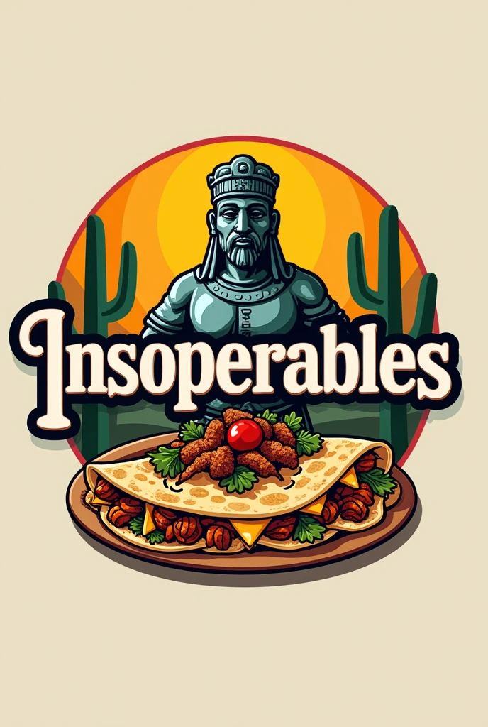 Create a logo for a company that sells sopes and with a statue of the Toltec culture, The logo includes a sope and in the middle the statue of the Atlanteans of Tula and finally adds the name of the company :Insoperables!!
A sope is Sopes are a Mexican food consisting of a thick, wide tortilla, "pinched" around the edges to form borders and fried in butter. Different ingredients such as pork rinds or meat are added on top., queso, vegetables and hot sauce, with regional variations.