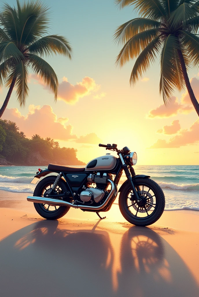 Drawing of a sunset on the beach, with a reference boxer bike, watercolor type