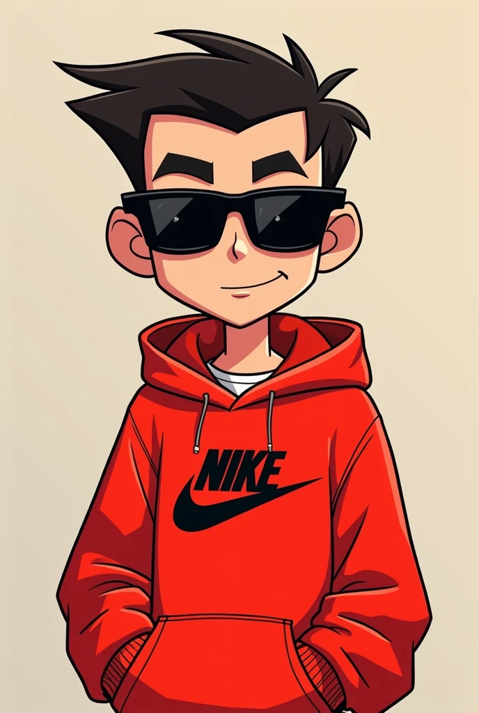 Create the character from the animated television series Jimmy Neutron with a red Nike hooded sweatshirt and black sunglasses and a sexy look