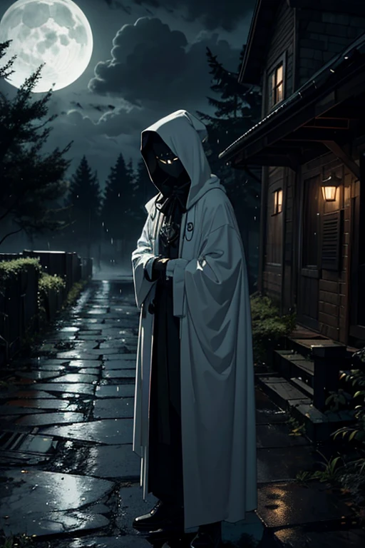Imagine a dark and rainy night, where the moonlight can barely penetrate the heavy clouds. In front of an old and decaying house, a man dressed in the iconic Ghostface costume stands out in the darkness. The white mask and black cloak create an aura of mystery and terror. He holds a shining knife, reflecting the little light that exists around. The wind blows, Making the trees sway, as he watches the house with an intense, calculating gaze. Distant sounds of laughter can be heard, contrasting with the tension in the air. 