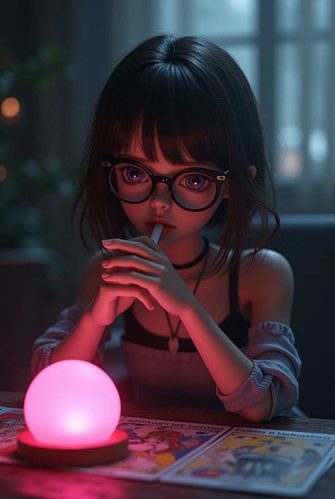 doll bartz without bangs in round glasses with brown hair, smoking and in front of her on the tarot card table. There is a dark atmosphere around. There is a pink night light on the table that makes the room pink