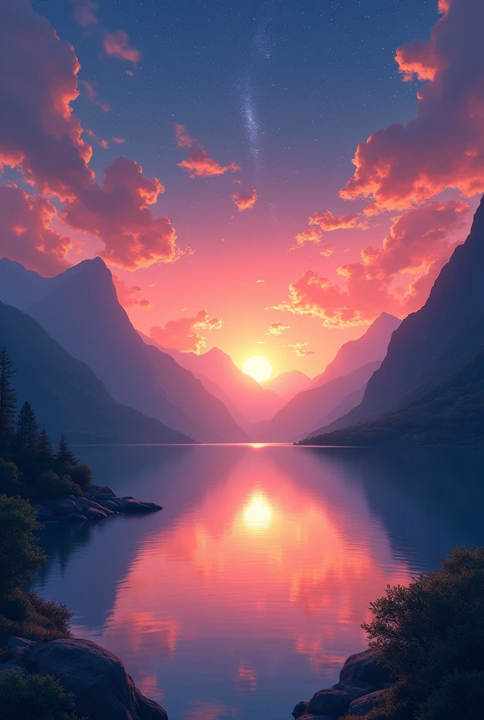 imagine prompt: Viral anime nature wallpaper in 4K quality, in the style of photography with a 35mm lens inspired by Makoto Shinkai, capturing a breathtaking sunset over a tranquil lake, the sky painted in hues of orange and pink, with a silhouette of mountains in the background; warm and serene color temperature, cosmos lighting with stars twinkling in the sky, no human characters, the atmosphere is peaceful and reflective --v 5 --stylize 1000