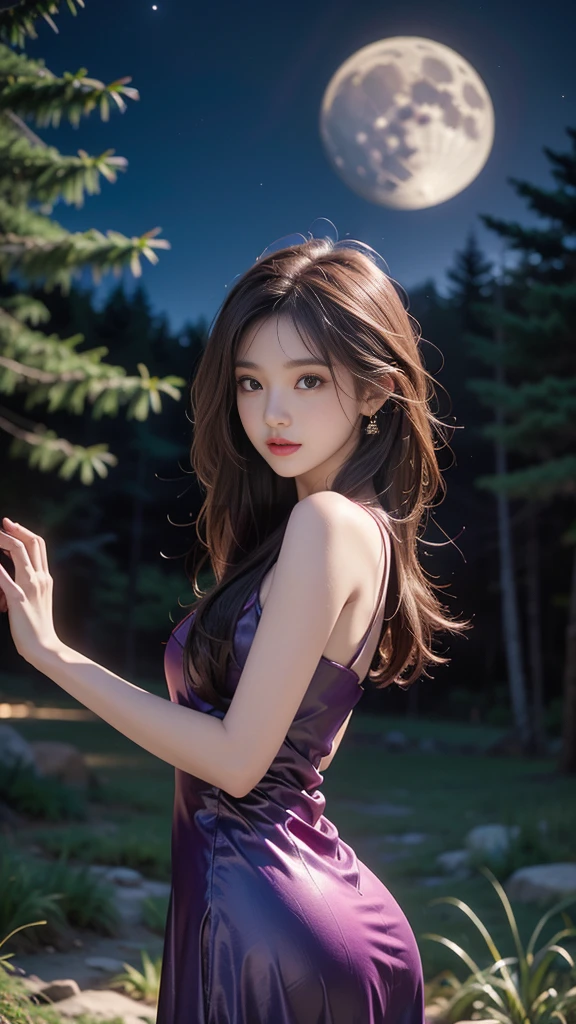 ulzzang-6500-v1.1, (RAW photo: 1.2), (Real photo), (Real photo: 1.4), 1 girl、Perfect anatomy、1、Looking at the camera、Medium length hair、purple party dress, on the pine hill at night, with stars and moon, ((on the pine hill at night: 1.1))、(Business service)、Asian eyes Ella,