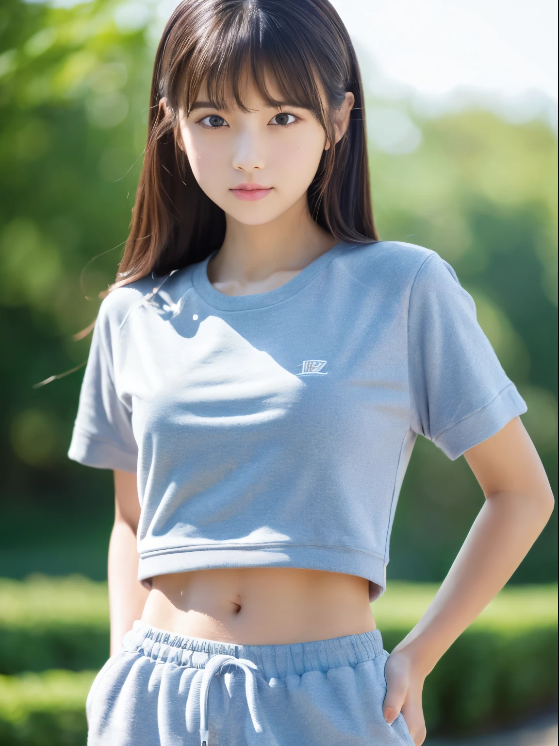 (8k, Top quality, Masterpiece:1.2), (Realistic, photo-realistic:1.37), Super detailed, perfect anatomy, cute, small eyes, 1, a Japanese, girl, sweat shorts, slim legs, outdoor,