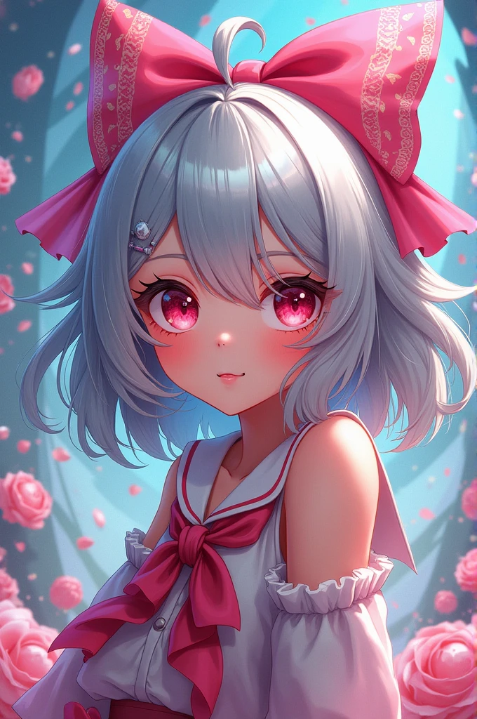 Make a crazy anime girl with red eyes silver hair and pink bow