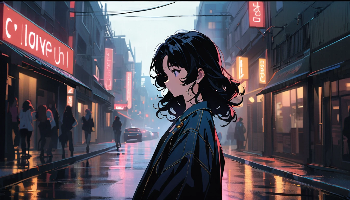 Japanese female singer from the 80s, 1980's Japanese fashion denim style, city-pop cute style, voluminous bob hair style, black hair, bang hair, round white face, pure image, frontal shot, --at 6.0 back ground is rainy, looking away,
Further Processing