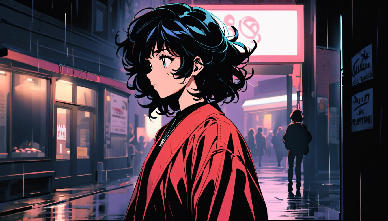 Japanese female singer from the 80s, 1980's Japanese fashion denim style, city-pop cute style, voluminous bob hair style, black hair, bang hair, round white face, pure image, frontal shot, --at 6.0 back ground is rainy, looking away,

Further Processing