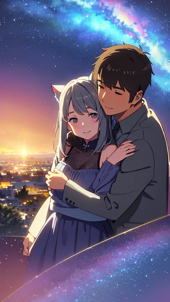 Cat ear、cute、beautiful、Gray Hair、Young couple、Top quality、masterpiece、Highest quality、smile、bright、Magnificent starry sky background、Hugging each other、Landscape painting、