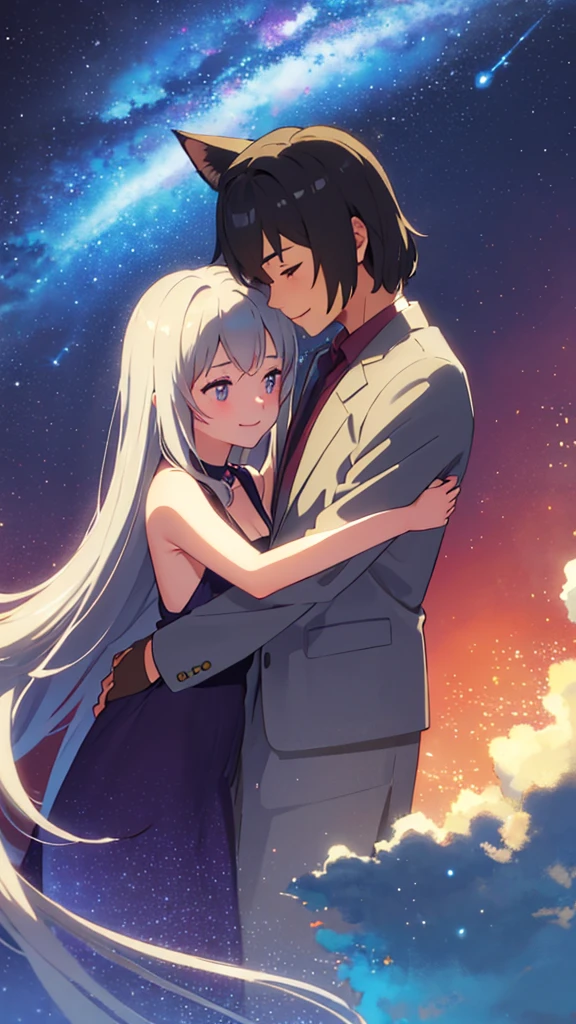 Cat ear、cute、beautiful、Gray Hair、Young couple、Top quality、masterpiece、Highest quality、smile、bright、Magnificent starry sky background、Hugging each other、Landscape painting、