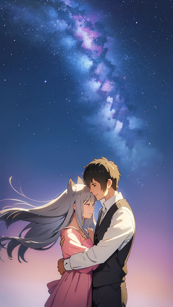 Cat ear、cute、beautiful、Gray Hair、Young couple、Top quality、masterpiece、Highest quality、smile、bright、Magnificent starry sky background、Hugging each other、Landscape painting、