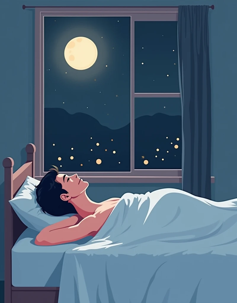 Vector image in bed and can not sleep seeing the moon in the window