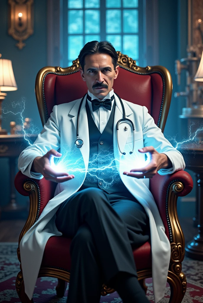  The scientist Tesla sits on a luxurious chair, wearing a white coat and a stethoscope. The doctor revealed physics in his hands, electricity, and behind him electrical transformers and physical inventions for the year Tesla. There are many that are suitable for the cover of a book or magazine, in addition to the electricity effect next to him. The most luxurious new electricity, the most luxurious, in his hand electricity 