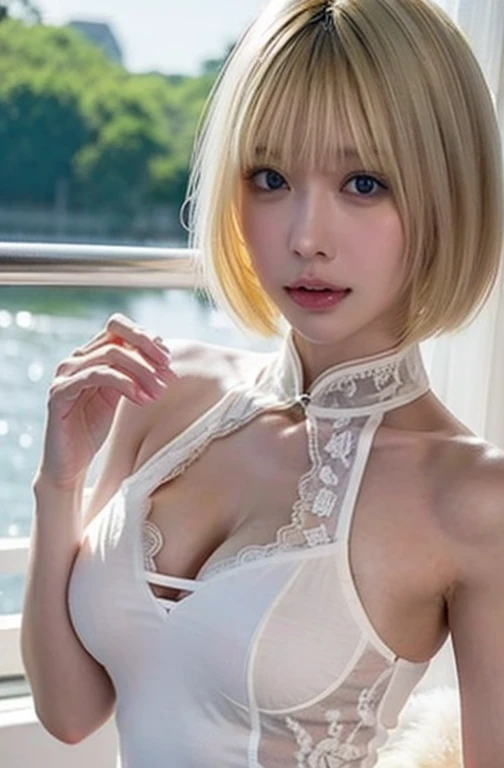 Beautiful and fair、Glowing Skin, 3 Up, nice, bright, Refreshing and gentle look, Perfect beautiful face、Blonde Short Hair，Beautiful shiny bangs, Very beautiful 1 girl, eyeliner, So perfect and beautiful、Big, clear, sky-blue eyes，Very large breasts，The original skin is visible through the grooves，Muscular body，White transparent lace underwear、Transparent cheongsam