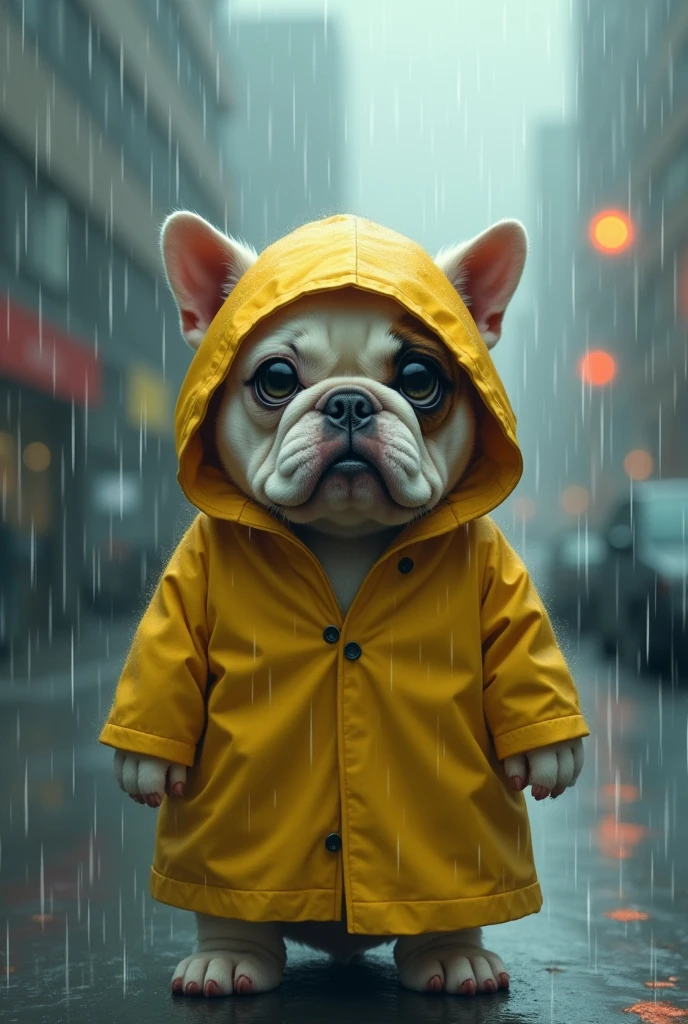 In the city on a rainy day、Draw a scene of a bulldog standing quietly in a yellow raincoat。The fur is white.、Her big eyes look sadly out into the rain.。There are raindrops on the raincoat、Cat ears peeking out from the hood。A hazy urban landscape spreads out in the background.、There is a moist atmosphere overall.。In this scene、A cat standing tall in the rain、Emphasize the loneliness of the city。」