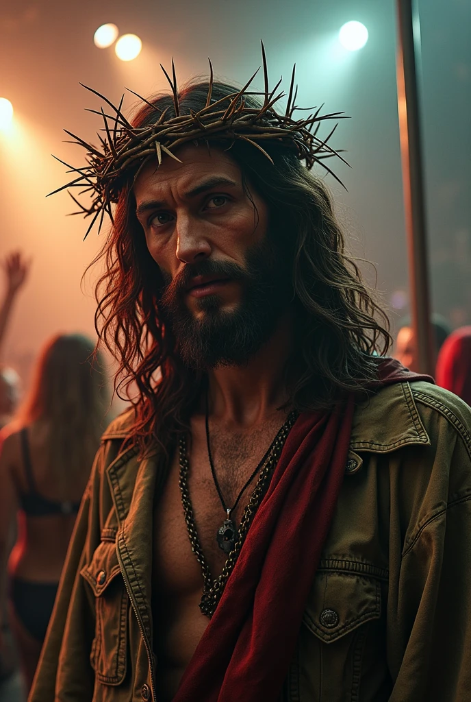 Jesus the Metalist in tattered clothes, mysterious smile, A crown of thorns on the head, realistic view, HdR, At a metal concert, In the background, a pole dancer on stage