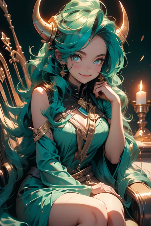 Perfect face. Perfect hands. A teal haired woman with golden eyes and an hourglass figure with golden horns in a golden gown is smiling while sipping tea in a landscape of brimstone
