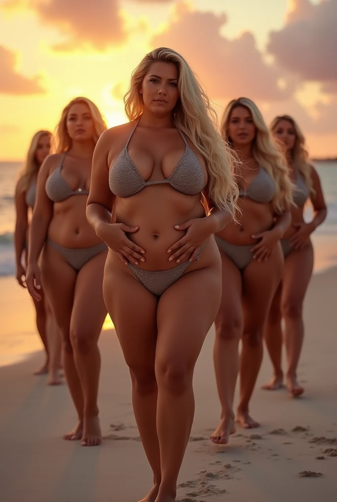 Splendid array of identical plus size Brazilian blonde clones, voluptuously curvaceous, each donning a minimalist thong bikini, positioned around the principal who reigns central, her hands proudly poised on her sculpted waist, basking under the vibrant hues of the sunset on a pristine tropical beach setting, soft sand beneath their feet, notorious Holiday destination, ocean backdrop, main subject capturing the abstract essence