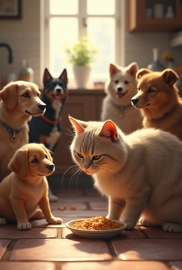 Cat eating food and left side dogs