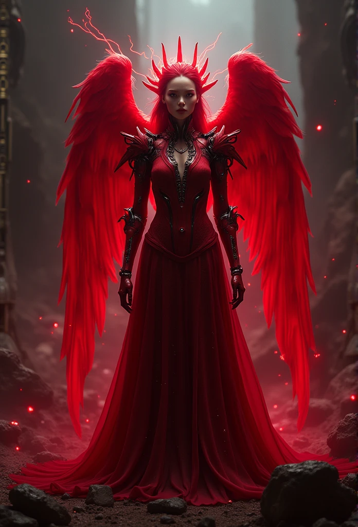 8k, dark_Fantasies, (Scarlet Witch, yellow: 1.5), Angel face, 1 person, Standing full body figure, Mechanical marvel, Robot presence